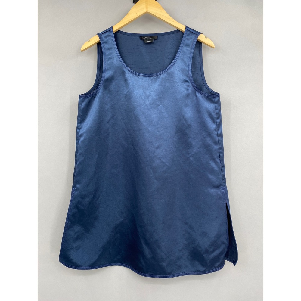 Worth New York Tunic Tank Top Womens 4 Navy Blue Satin Scoop Neck Side Slit